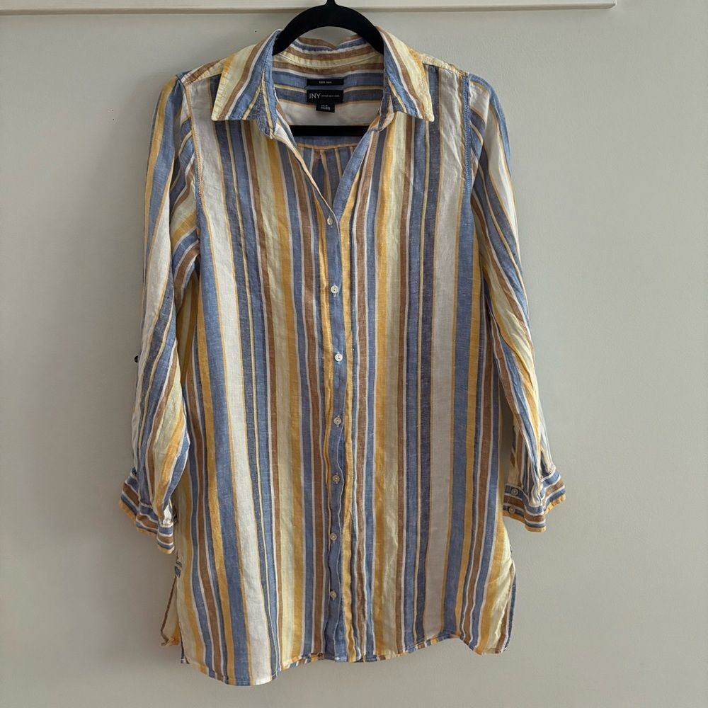 Jones New York Linen Striped Shirt/Dress - Blue, Yellow, White